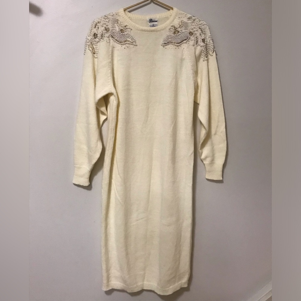 Beaded Cream Knit Midi Sweater Dress